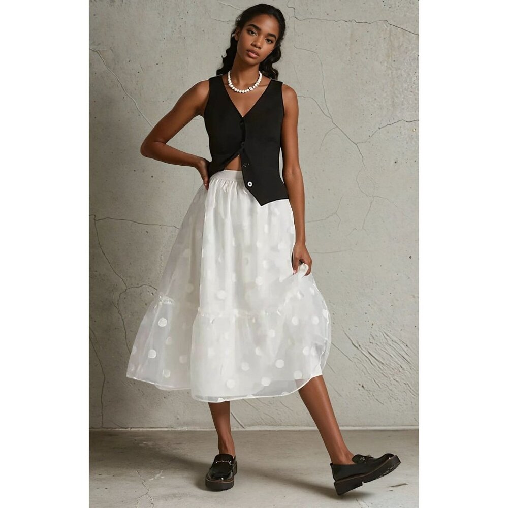 Anthropologie Eva Franco Tulle Midi Polka Dot Skirt in White Organza